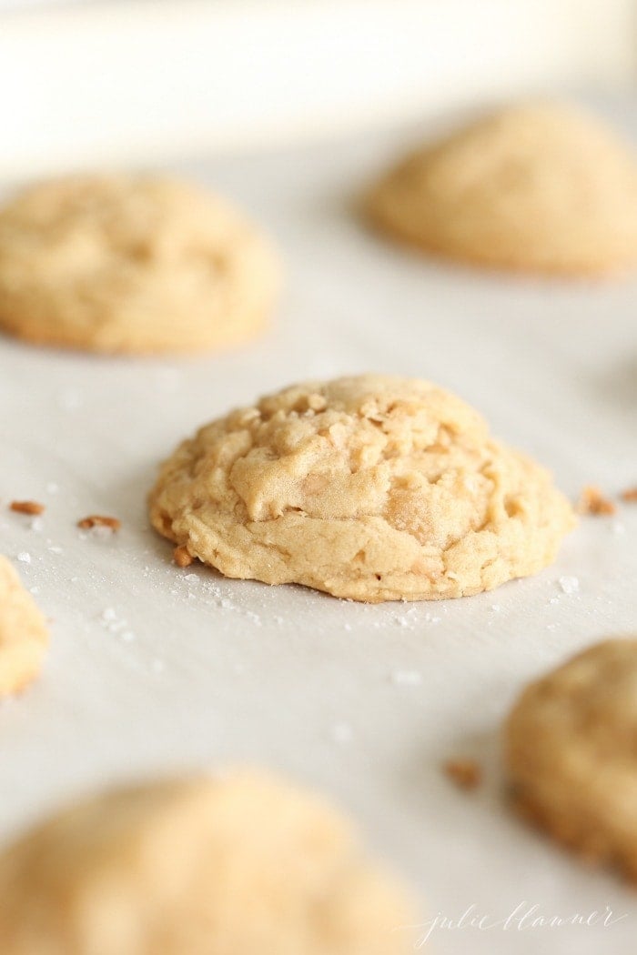 A baked cookie on a baking sheet