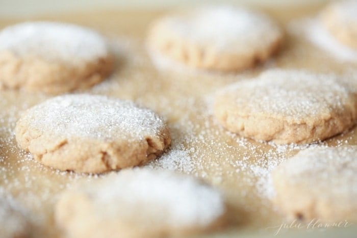 Close up of sugar and spiced shortbread cookies on parchment paper