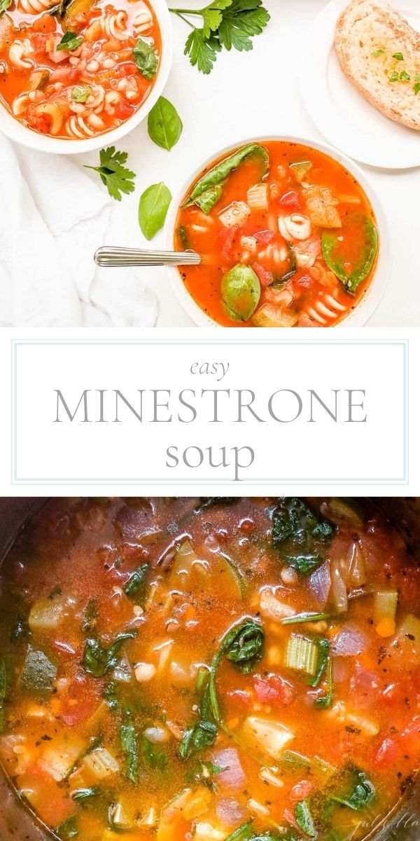 Top photo in post is an overhead shot of two white bowls filled with minestrone soup. Bottom of post photo is a closeup of minestrone