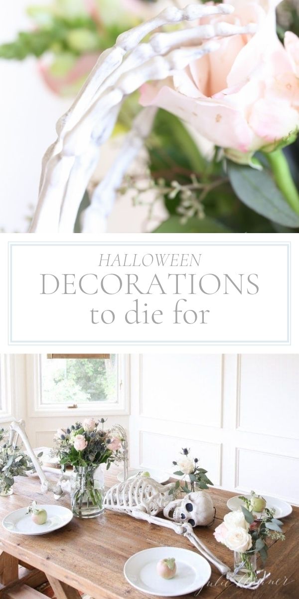 Top photo is a plastic skeleton hand touching a pink rose. Bottom photo is a plastic skeleton lying across a set dining table.