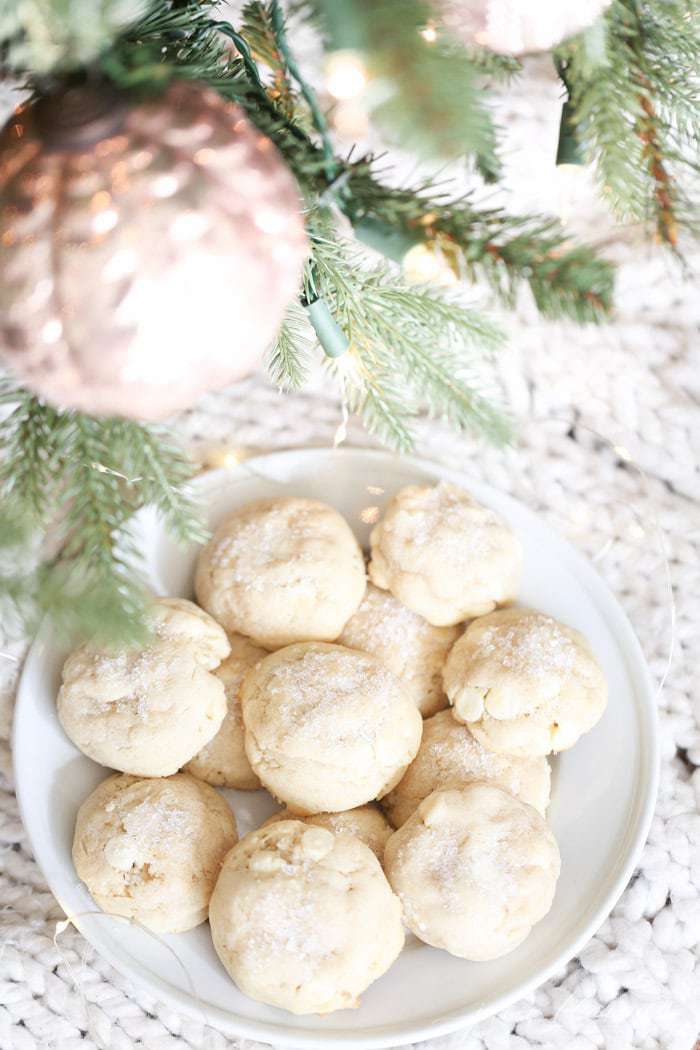 white chocolate chip cookies on a white plate
