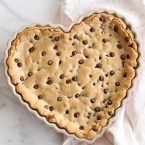 chocolate chip cookie cake in a heart shaped tart pan