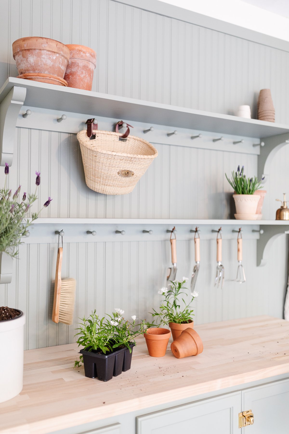 A green garden bench in a garage organization guide.