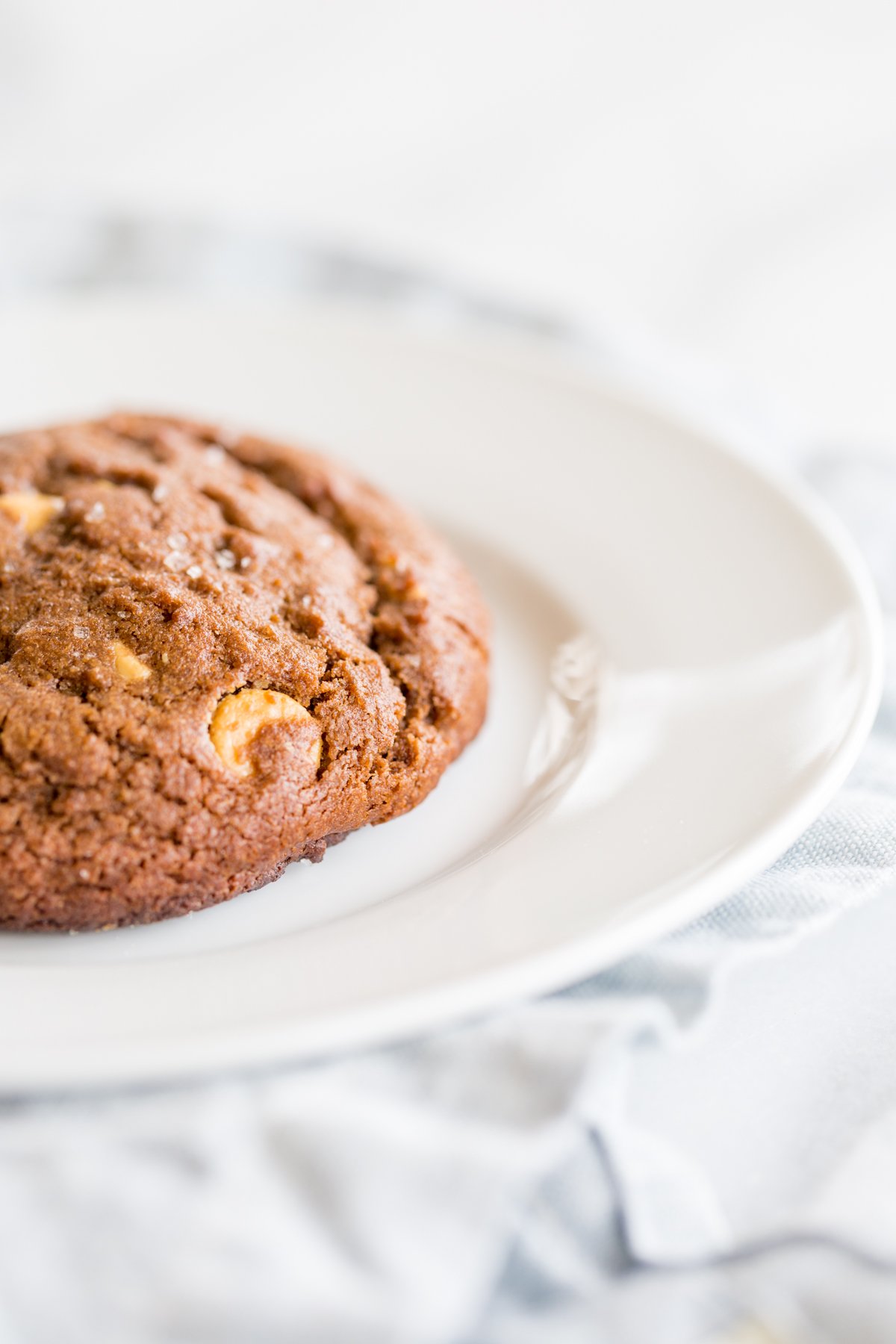 A chocolate cookie with peanut butter chips on a white plate.