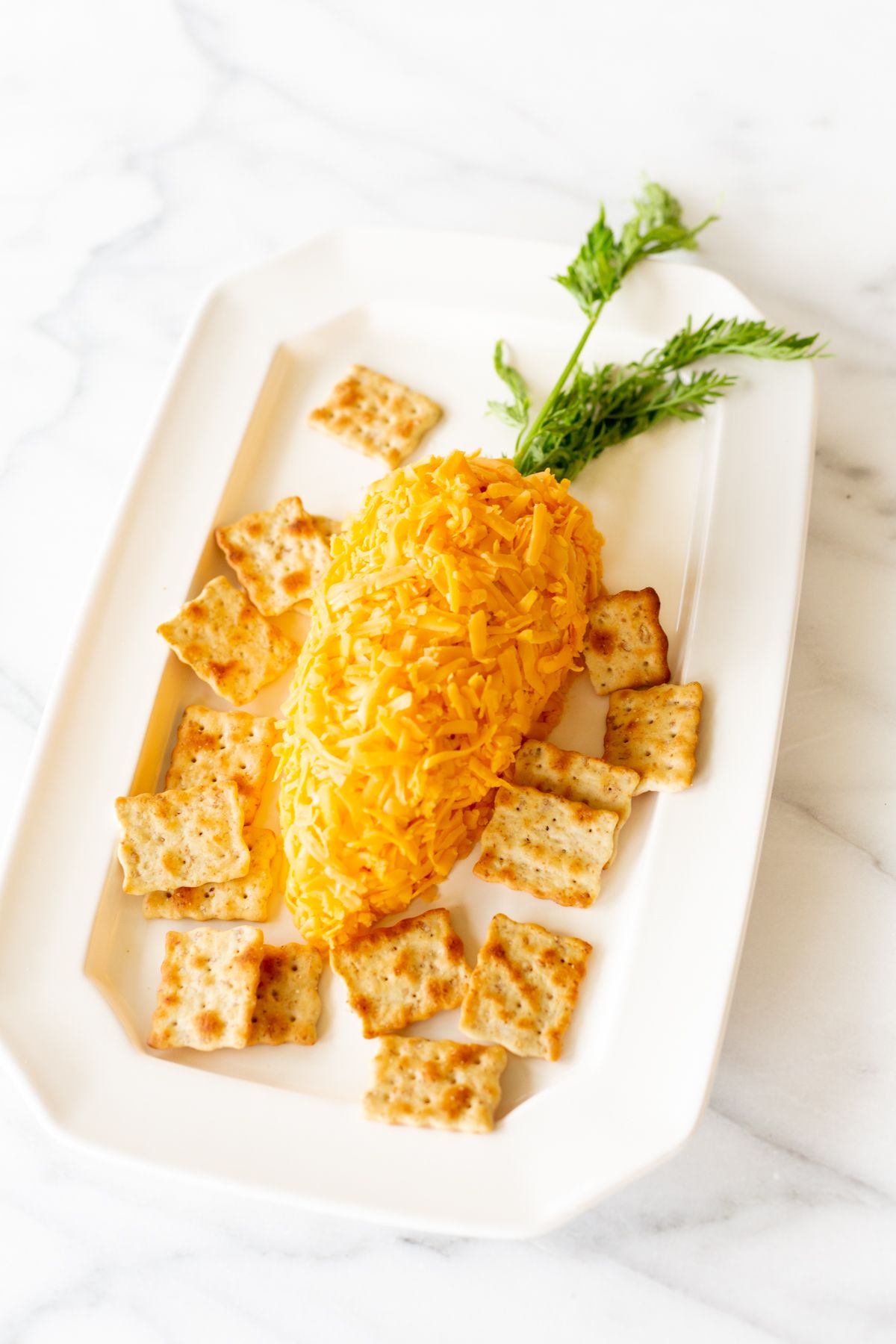 A carrot shaped cheese ball on a white plate, surrounded by crackers.