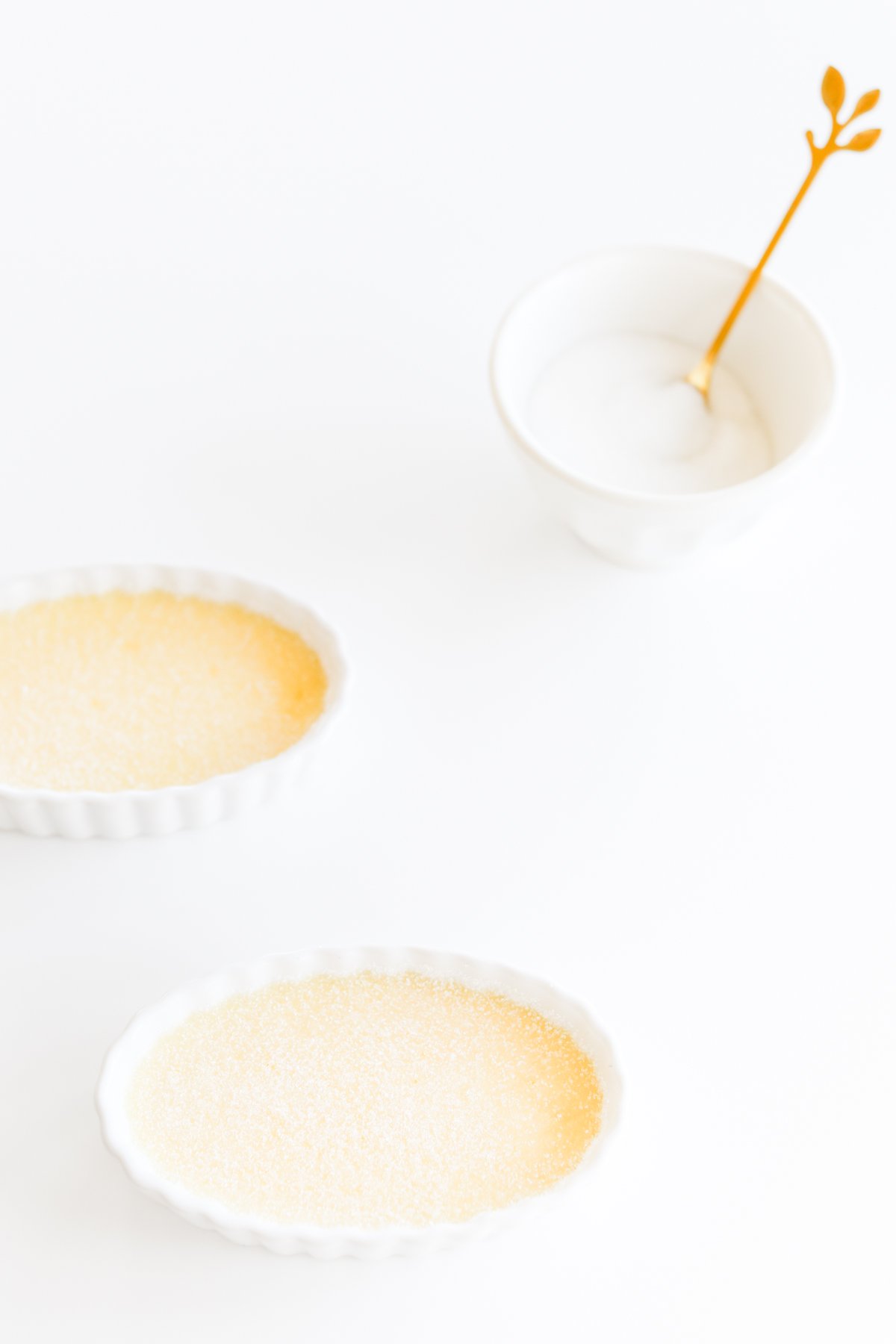 An easy creme brulee sitting on a white surface.