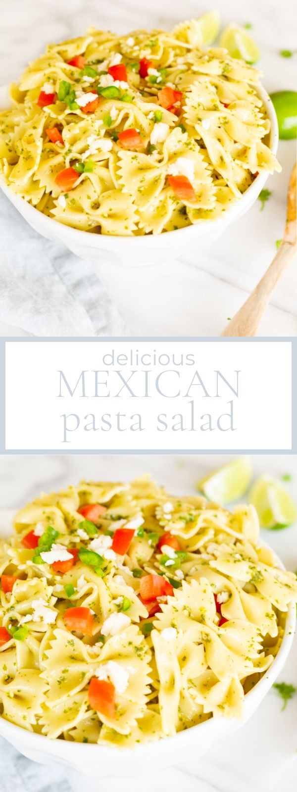 On a marble counter top, there is a round white bowl of Mexican inspired pasta salad.