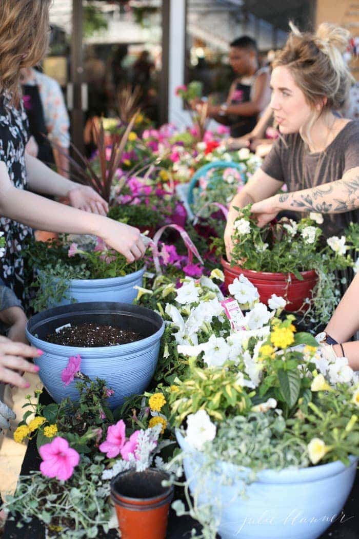 A group of women learning how to plant garden containers at a nursery.