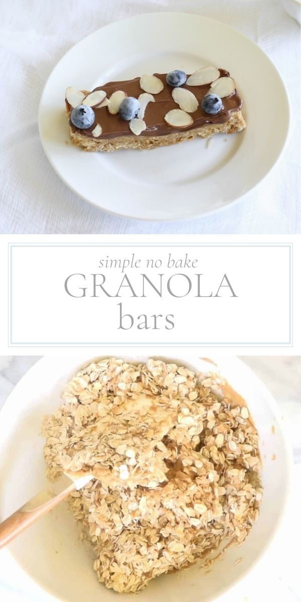 Top of post is a phot of a chocolate and blueberry-topped granola bar on a white plate. The bottom of the post is a overhead view of a white bowl with granola that is being stirred.