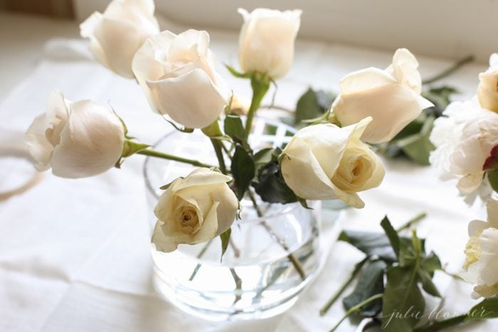 gorgeous blush centerpiece with peonies, roses and herbs for beginners