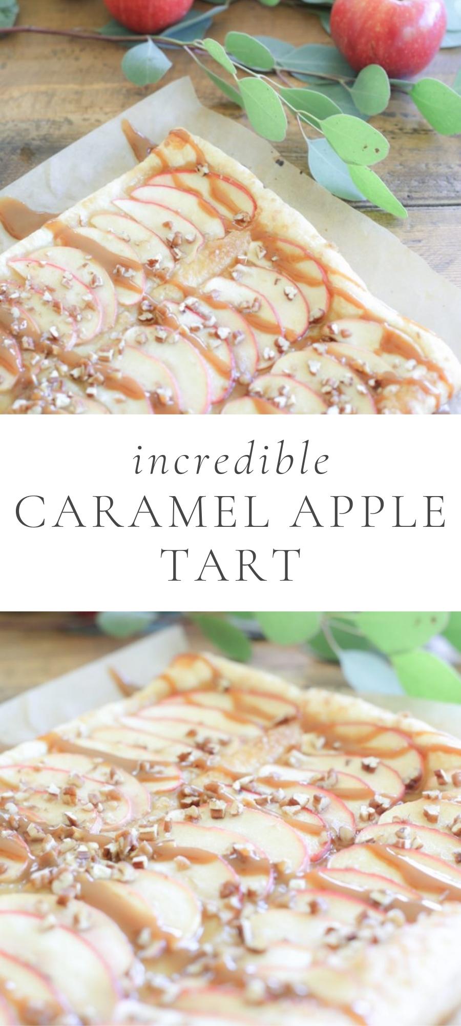 caramel apple tart next to red apples