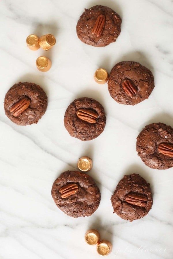 chocolate turtle cookies stuffed with caramel