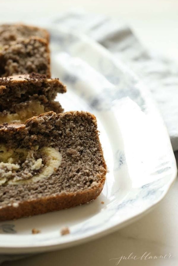 Slices of cookies and cream bread on a blue and white patterned plate