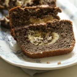 Cookies and cream bread on a blue and white plate