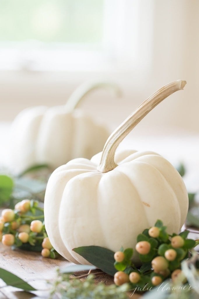 mini pumpkin table runner Thanksgiving entertaining