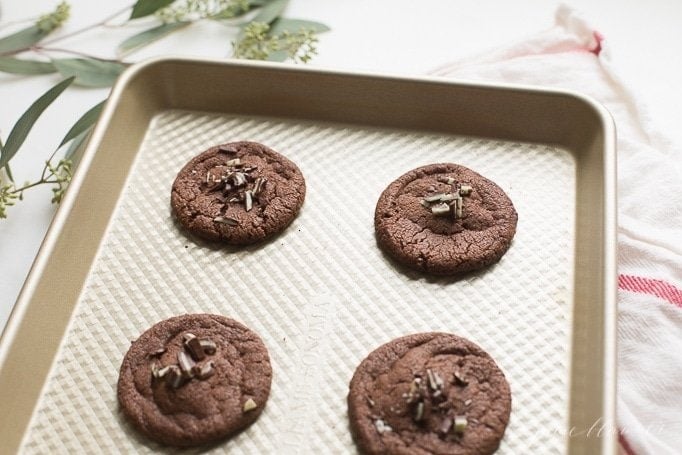 best andes mint chocolate cookies on baking sheet