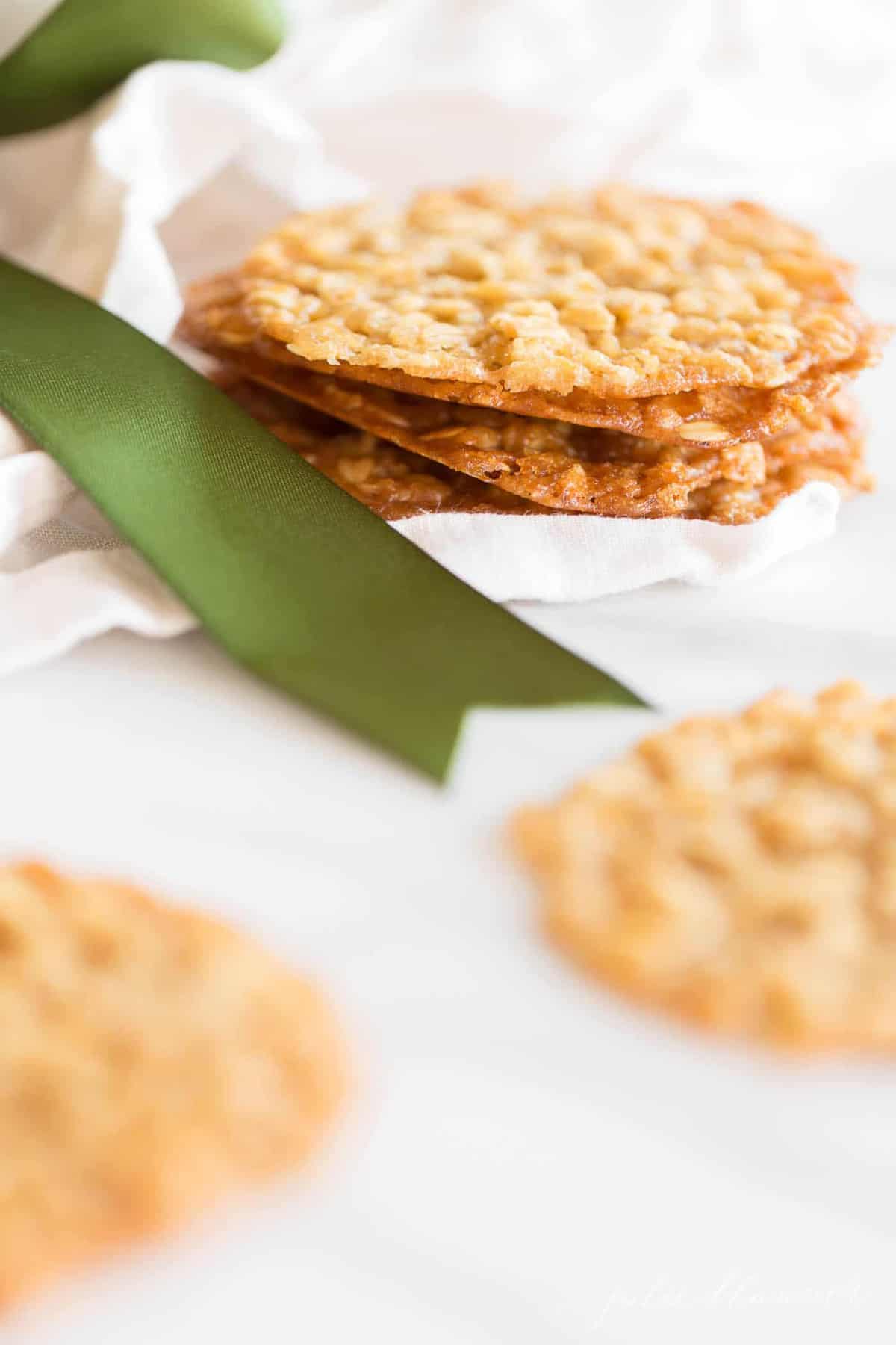 stack of lace cookies by ribbon
