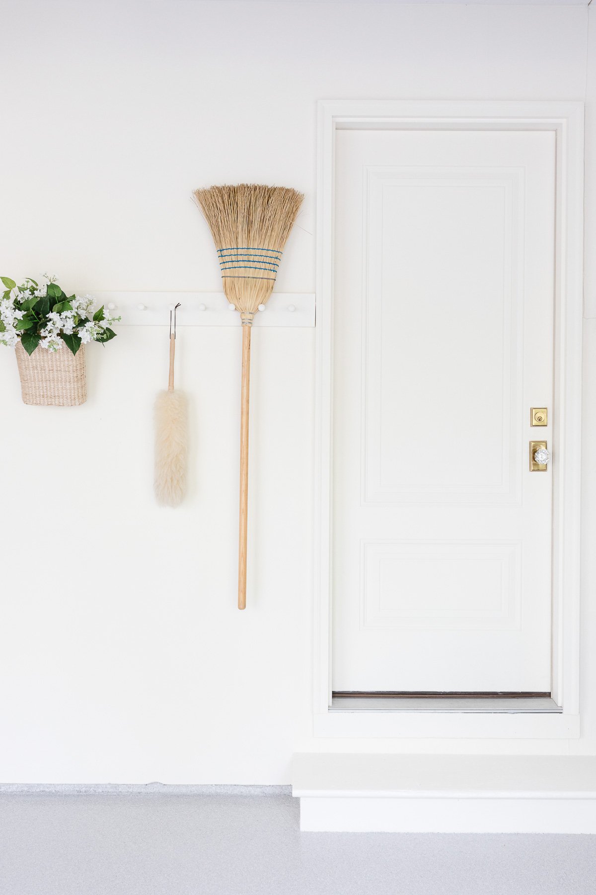 A garage painted in a cream paint color, Farrow and Ball White Tie.