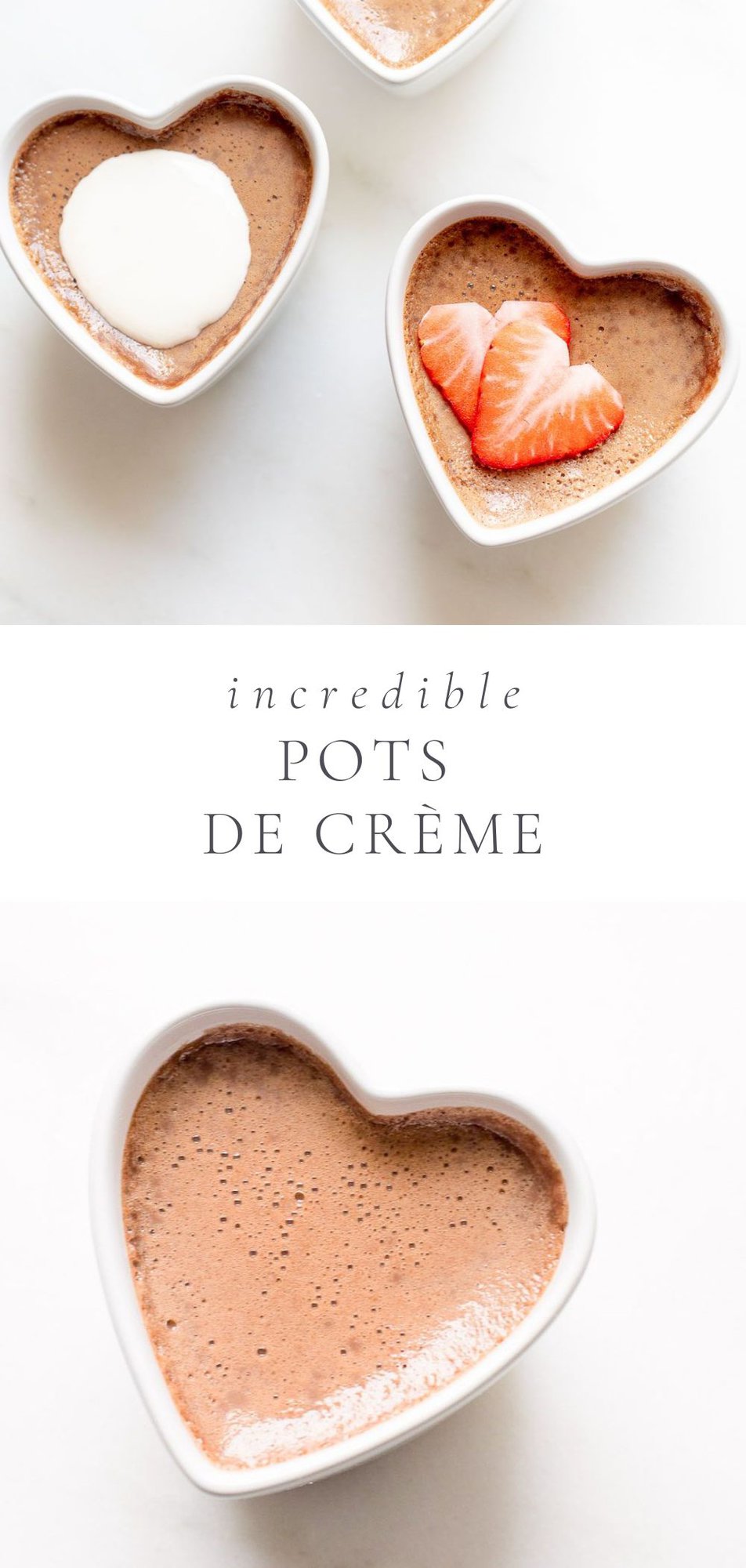 two pictures of pots de creme in heart shaped ramekins