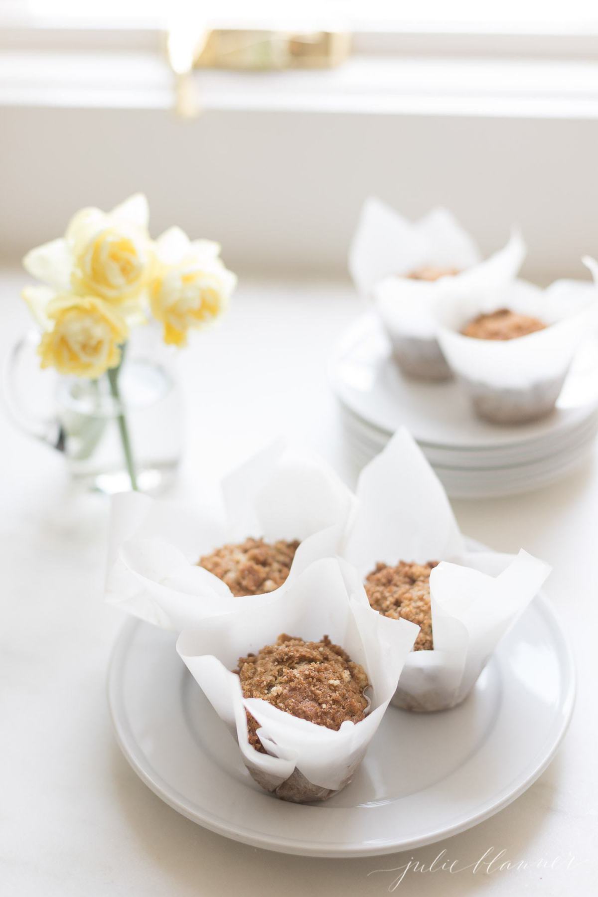 banana muffins in white liners