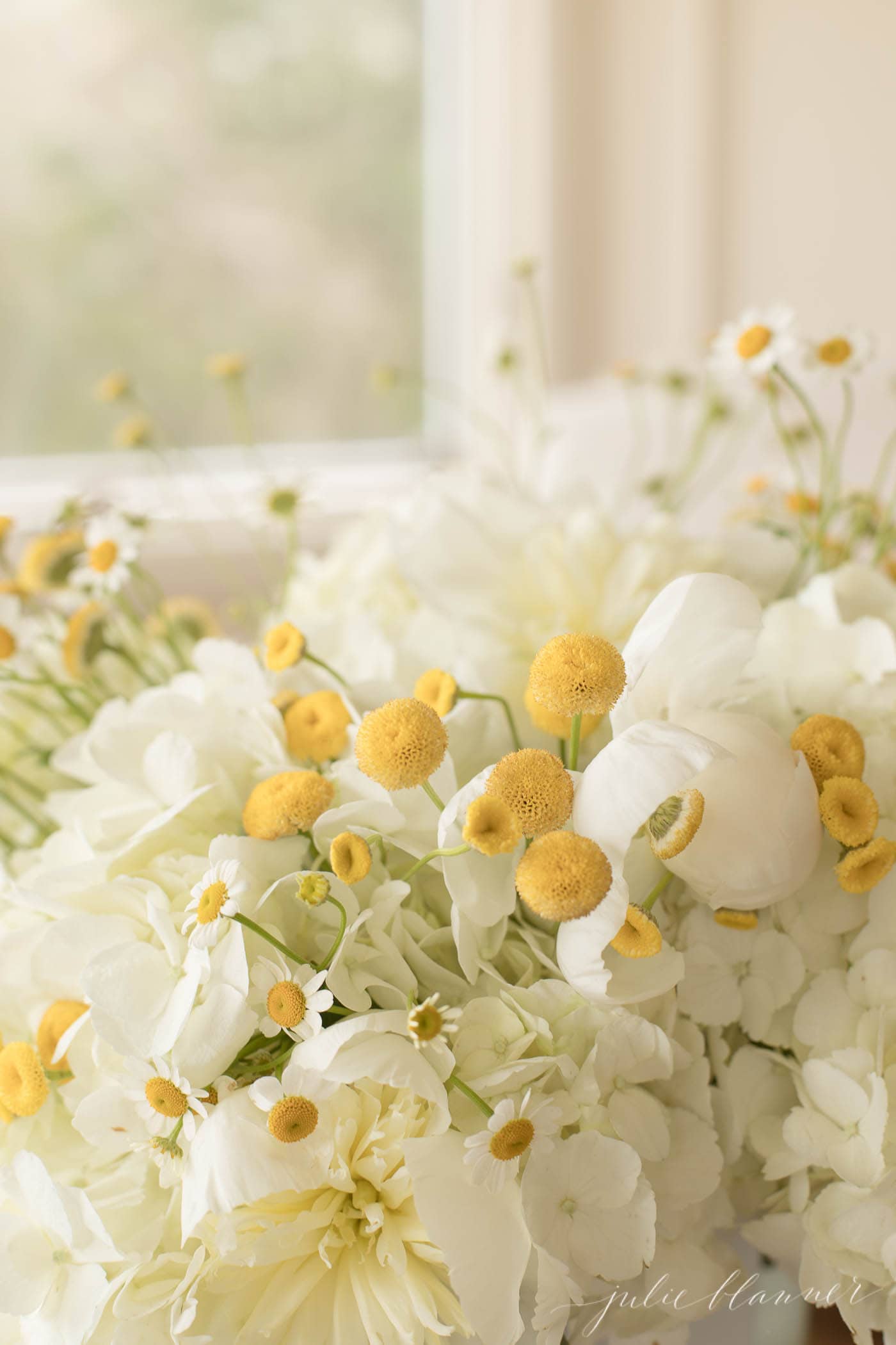 chamomile hydrangea and peonies in yellow and white