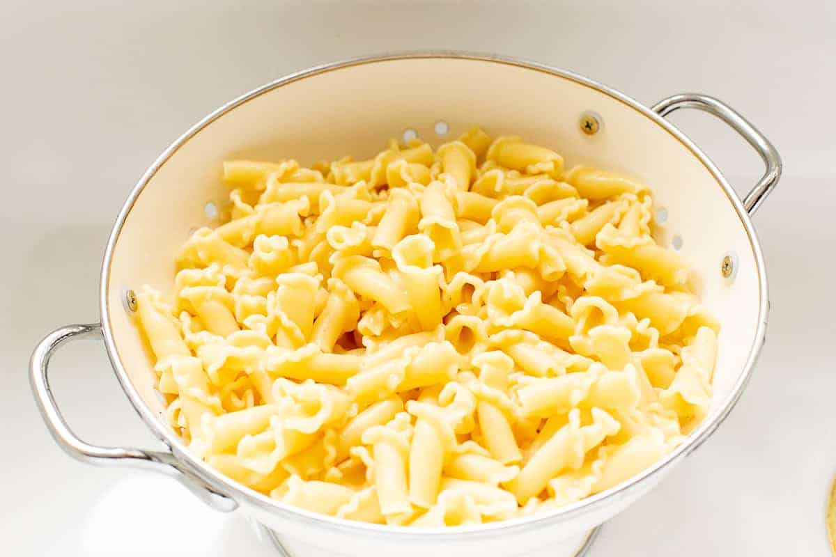 pasta in strainer in sink