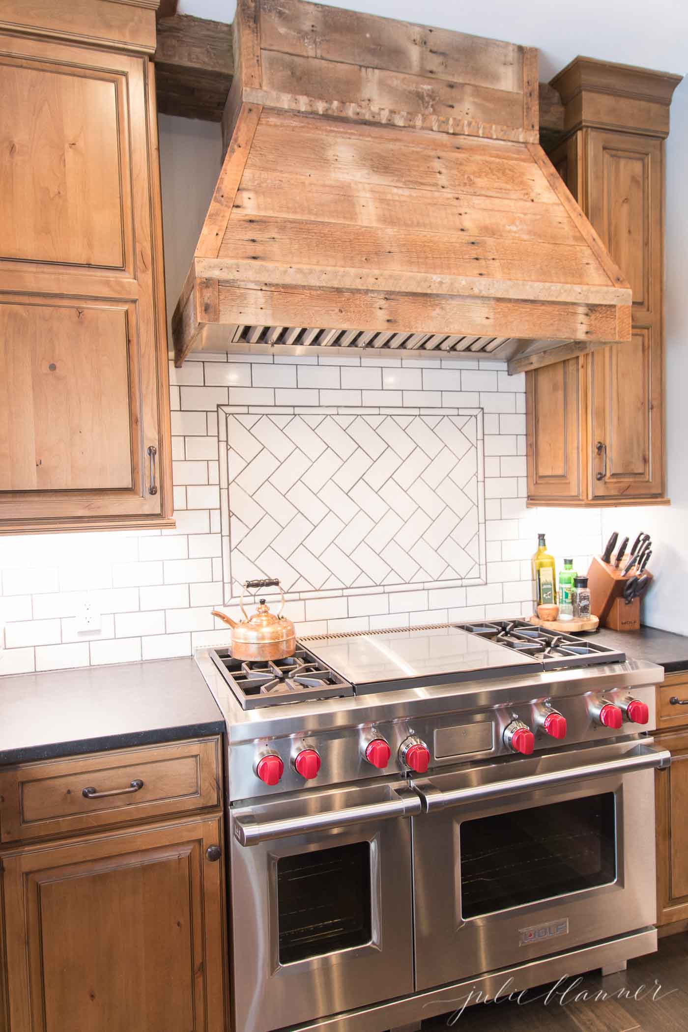 rustic modern kitchen with wolfe range