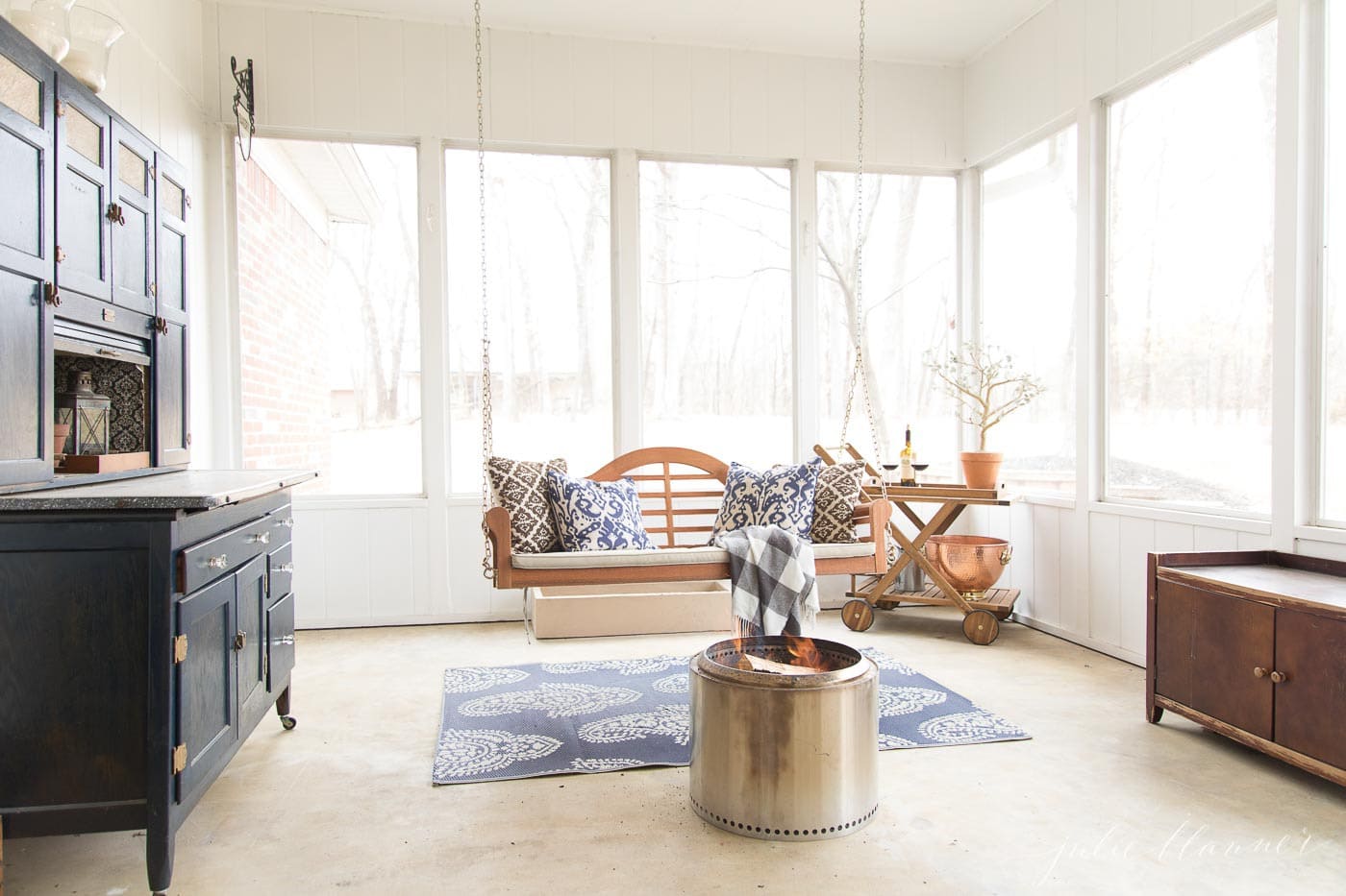 screened in porch in modern colonial house