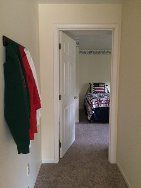 Hallway before being remodeled. Brown carpet and cream walls. 