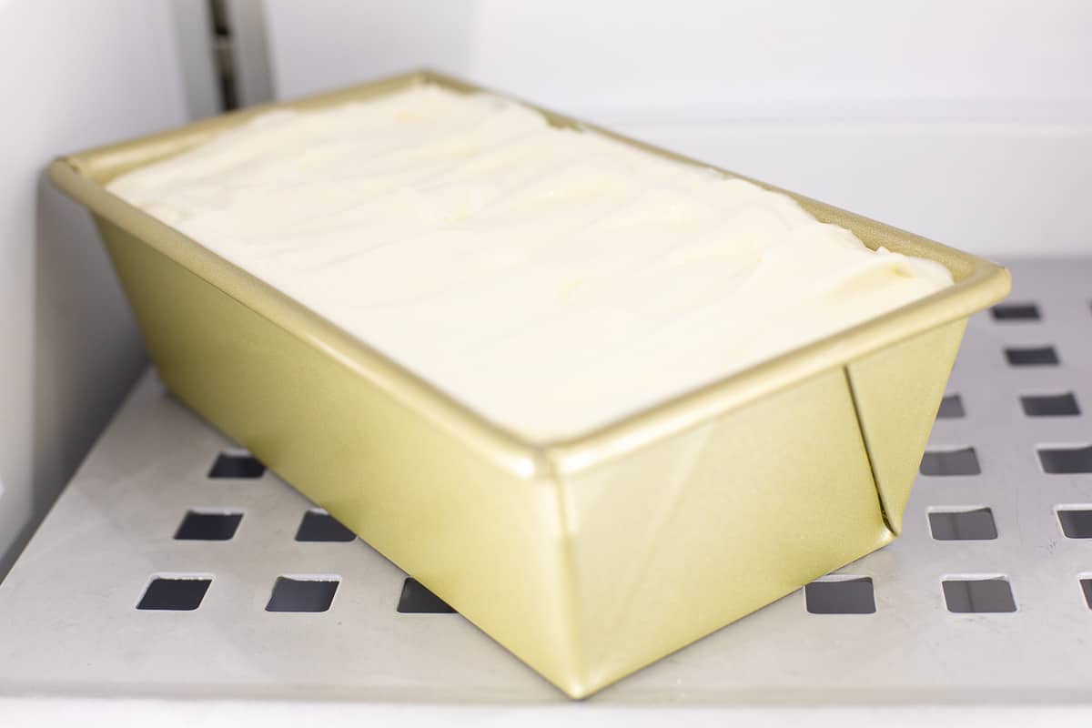 ice cream in loaf pan in freezer