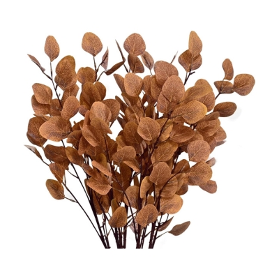 Eucalyptus leaves in a vase on a white background with fall branches.