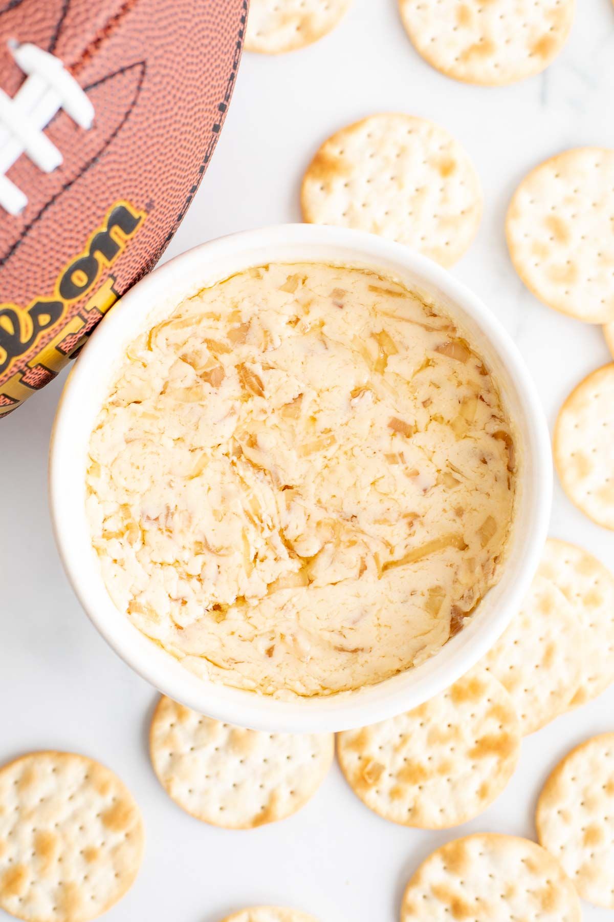 A white bowl of caramelized shallot dip surrounded by crackers