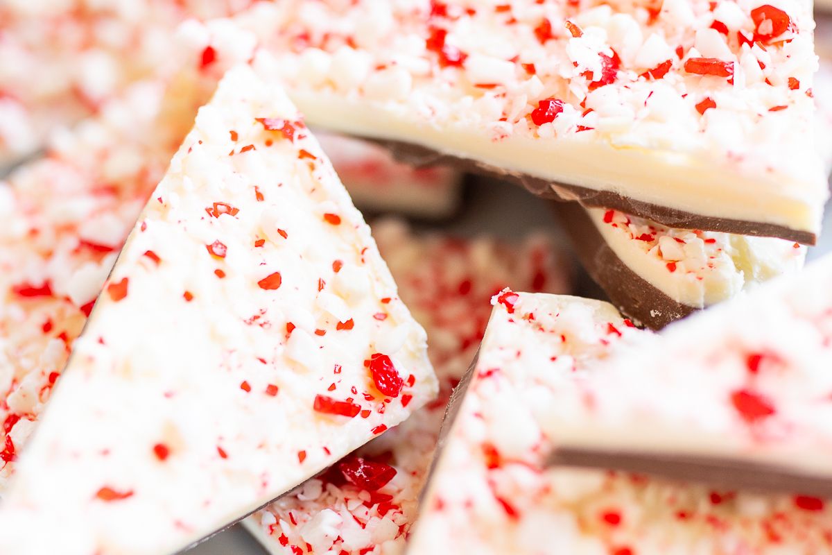 Triangle shaped servings of peppermint bark.