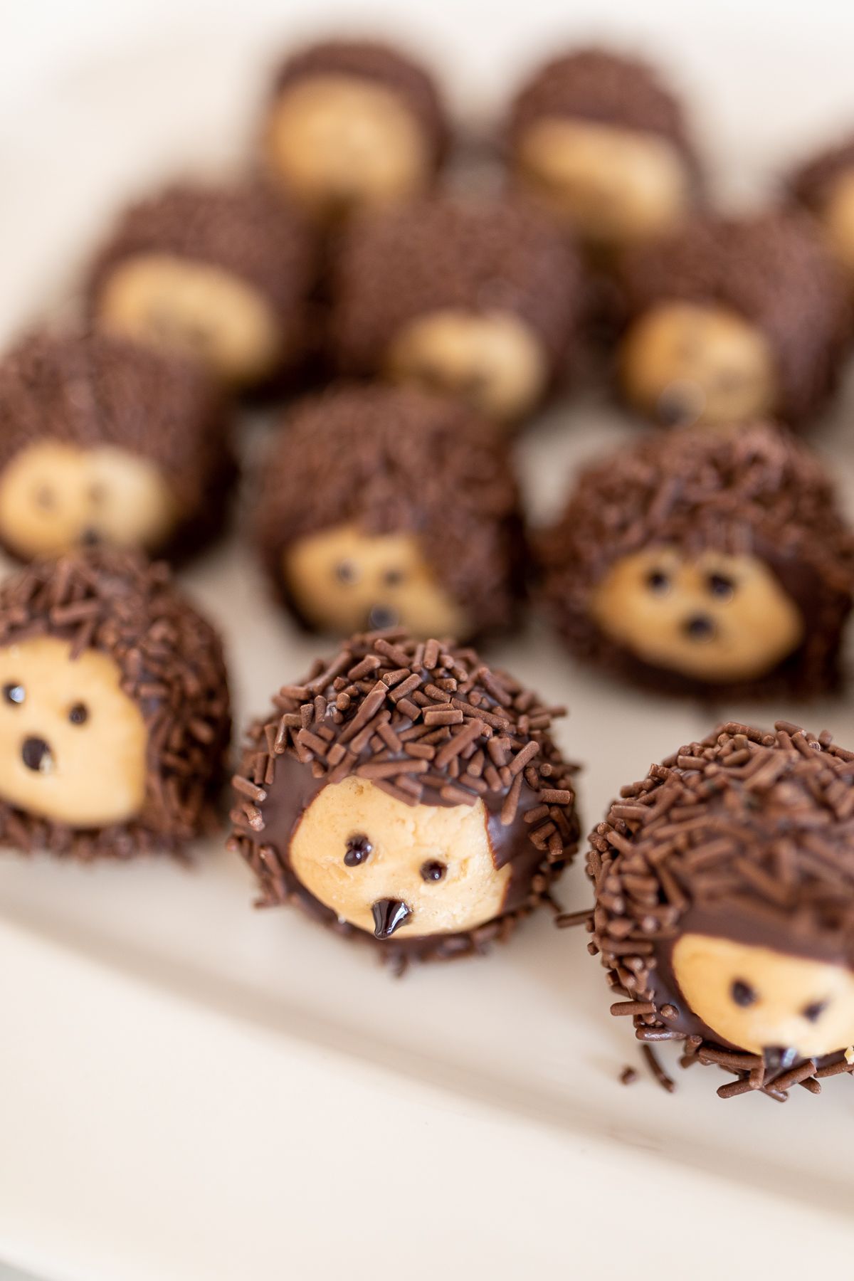 Buckeye balls shaped into hedgehogs on a white platter.