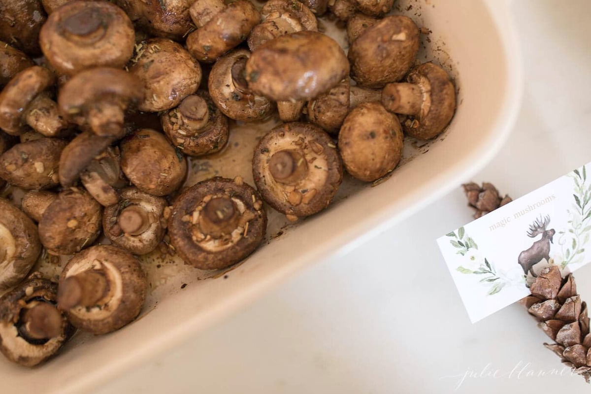 A dish with oven roasted mushrooms on it.