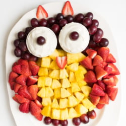 A fruit tray shaped into an owl, featuring cream cheese fruit dip as the owl's eyes.