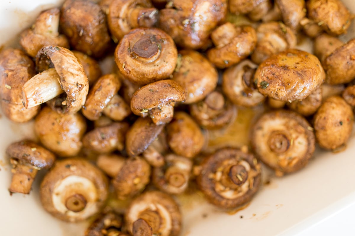 Oven Roasted Mushrooms in a white baking dish.