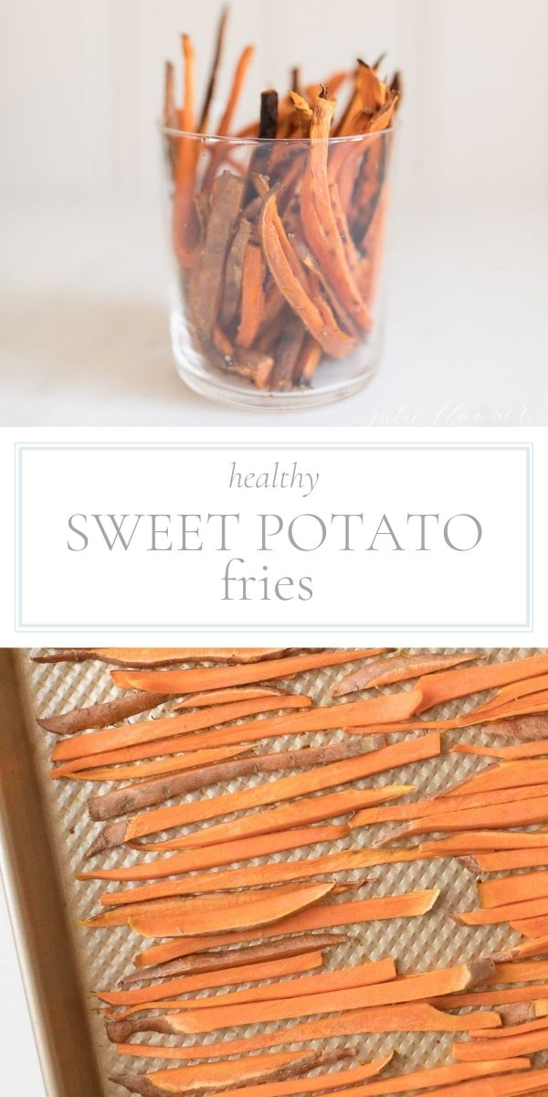 Top photo of post is a clear glass jar of skinny sweet potato fries standing upright. Bottom photo are uncooked sweet potato fries on a baking sheet.