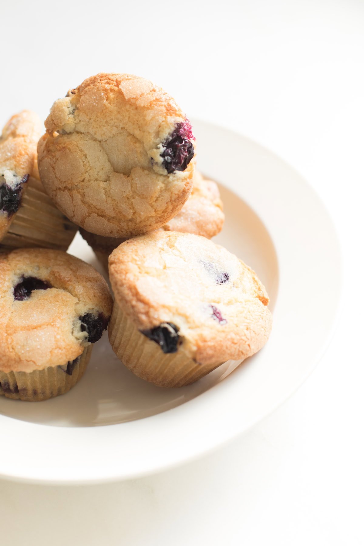 A plate of freshly baked, easy blueberry muffins on a white background.