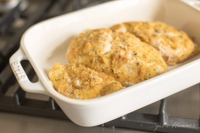 breaded chicken piccata in casserole dish