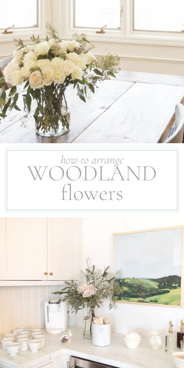 Top photo is a vase of white and cream woodland flowers in clear glass vase sitting on a wooden dining table. Bottom photo is a face of a woodland flower arrangement on a counter top as part of a drink bar.