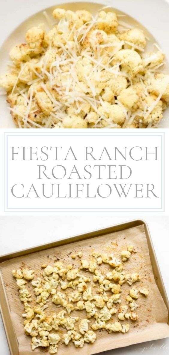 roasted cauliflower in a serving bowl and baking sheet.