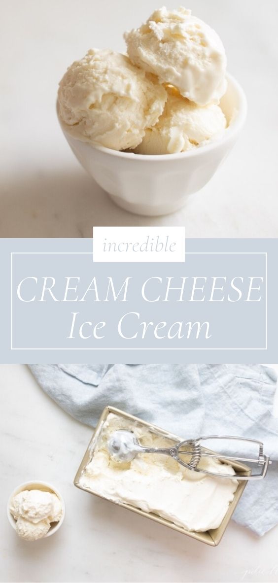 Cream cheese ice cream is in a round white bowl and in a freezer dish next to an ice cream scoop.