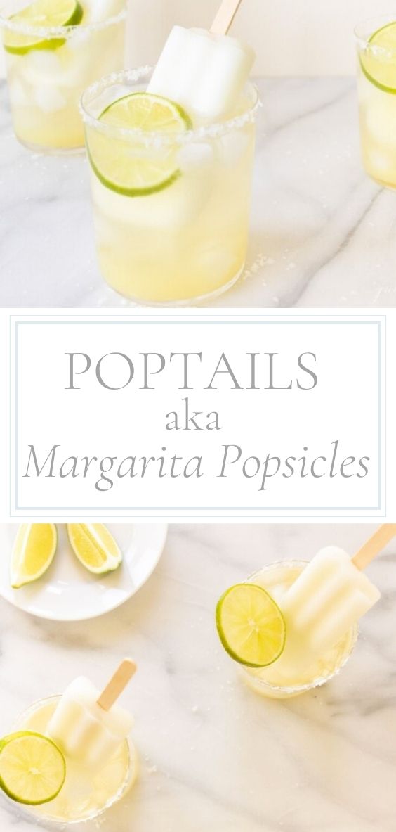 On a marble counter top there are several clear glasses containing Lime Margarita popsicles aka Poptails!