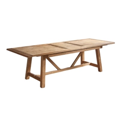 An eat-in kitchen table made of teak wood.
