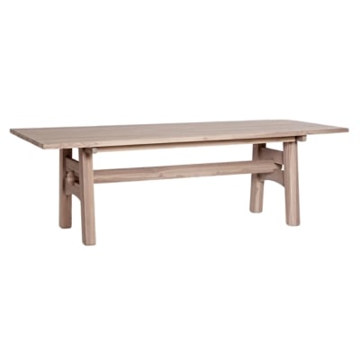 A teak dining table with two legs and a wooden top.