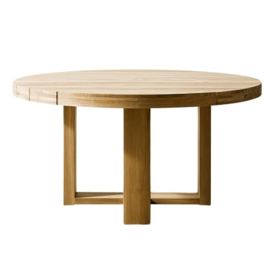 A teak dining table on a white background.