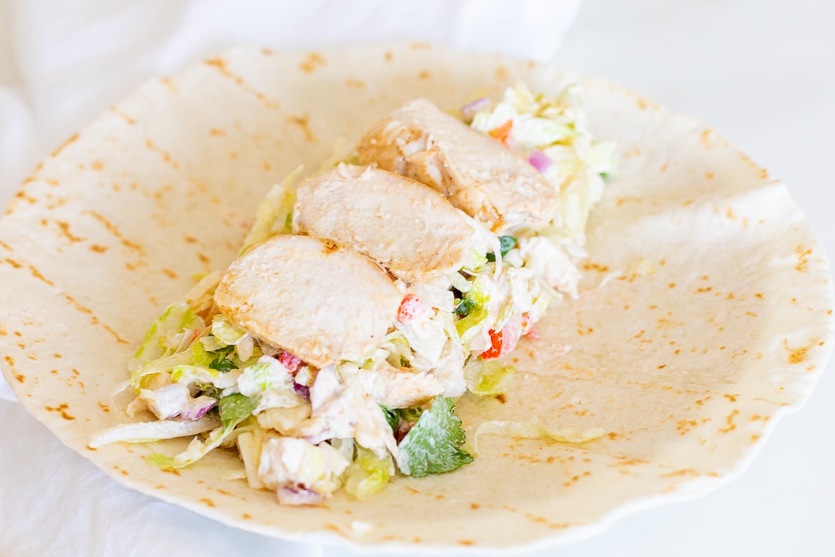 A chicken wrap recipe before it gets wrapped up.