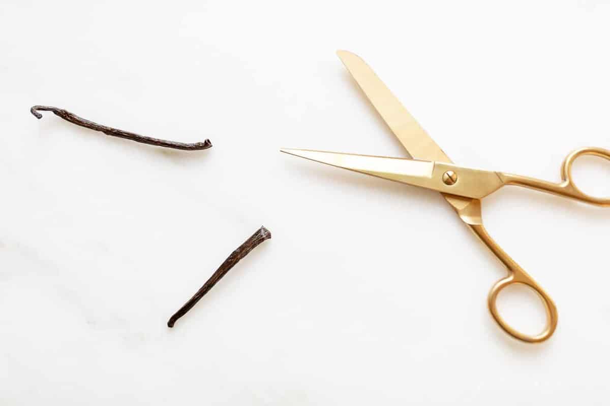 White countertop featuring two vanilla beans and gold scissors. 