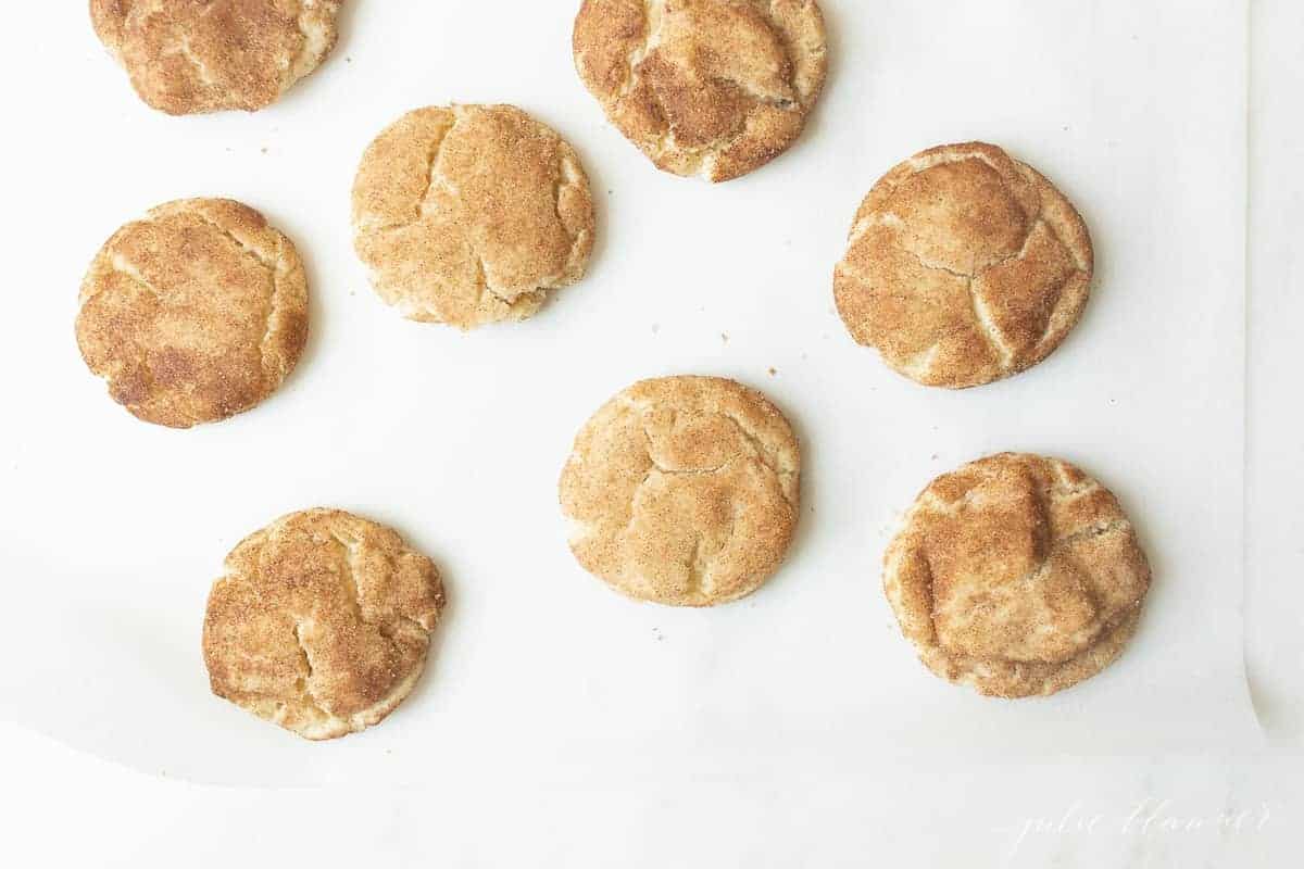 Snickerdoodle cookies on a white surface. 